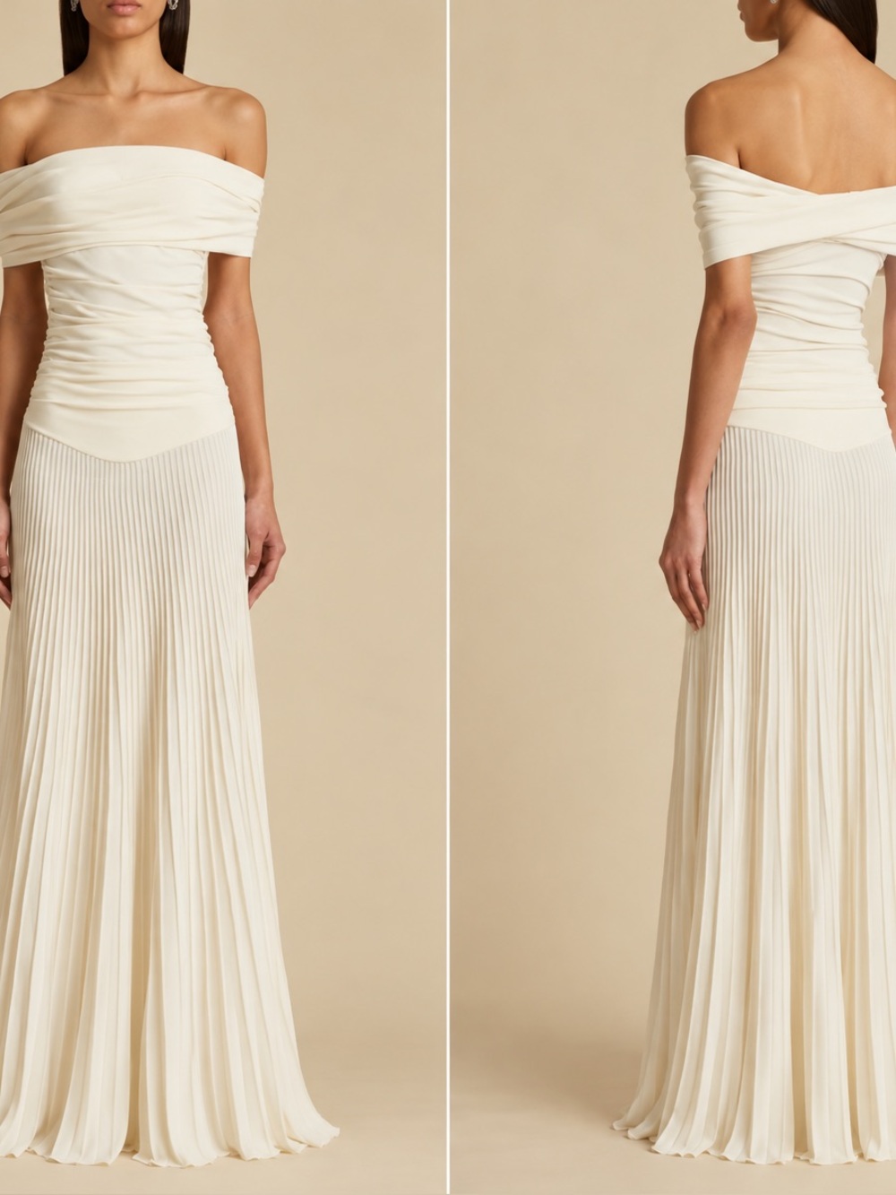 NWT KHAITE Marca Plissé Jersey Off Shoulder Maxi Dress Ivory